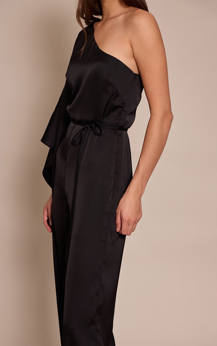 Black Satin Floaty One Shoulder Tie Waist Jumpsuit image 4