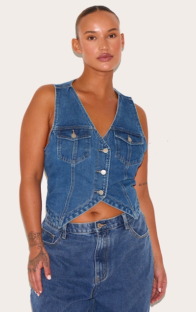 Plus Veston en jean délavé indigo bleu à dos nu et boutons à l'avant