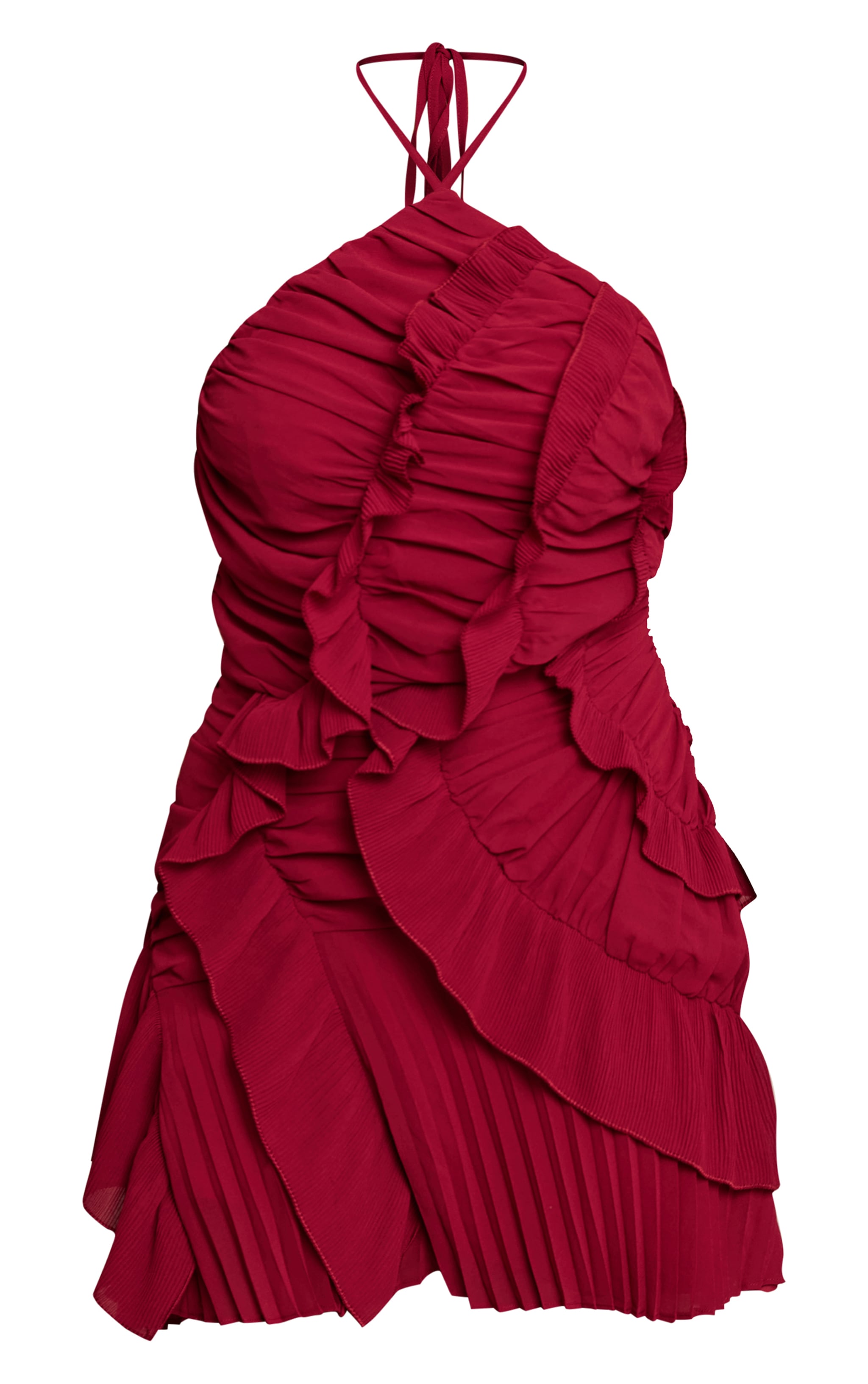 Shape Burgundy Chiffon Textured Frill Halter Neck Mini Dress image 5
