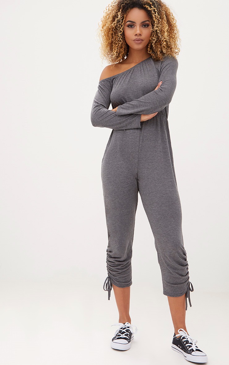 Charcoal Jersey Ruched Leg Jumpsuit PrettyLittleThing