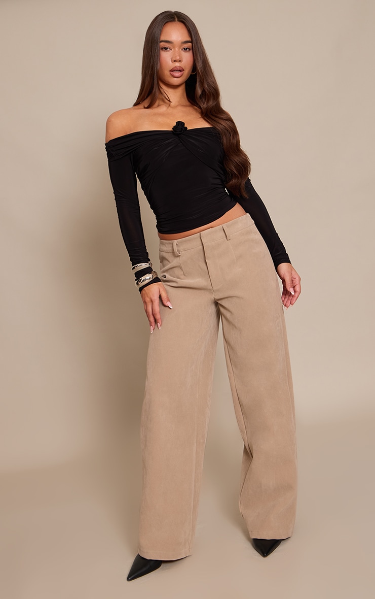 Black Slinky Applique Detail Bardot Long Sleeve Top image 3