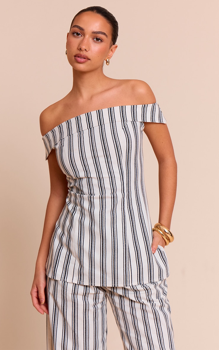 Natural Textured Stripe Fold Over Bardot Long Top image 1