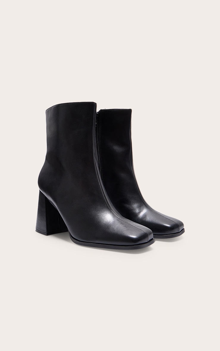 Black Wide Fit PU Square Toe Block Heeled Ankle Boots image 2