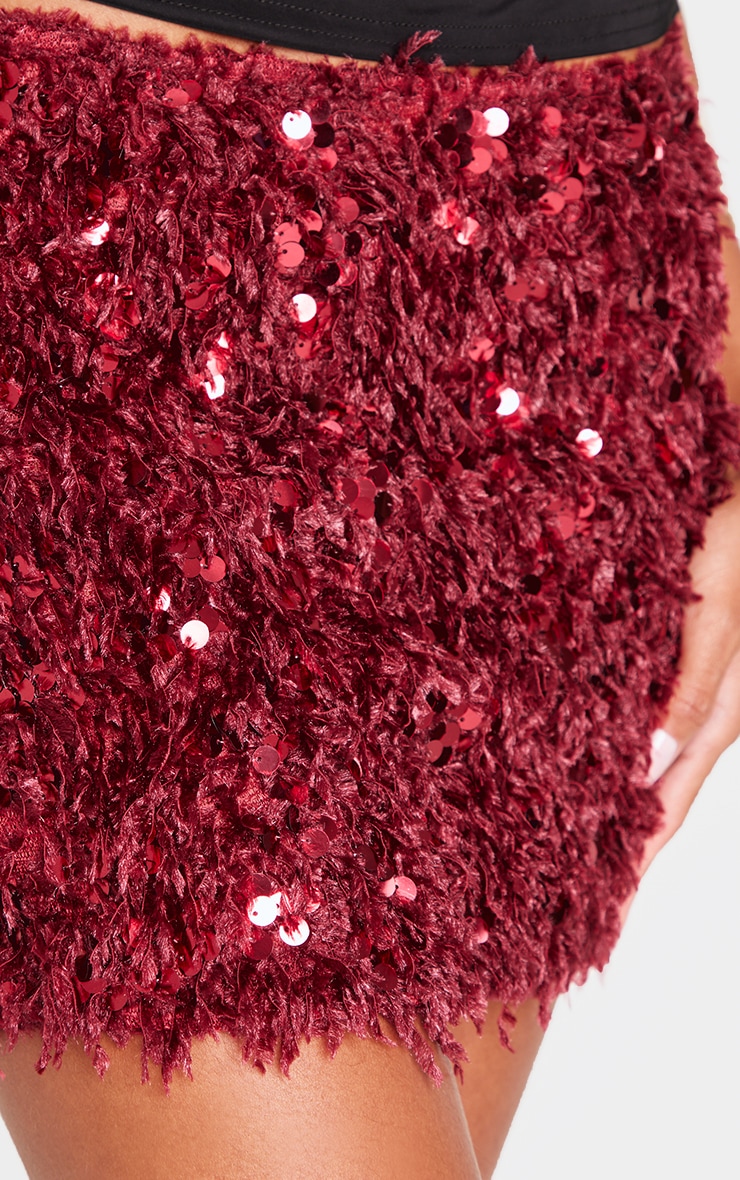 Burgundy Faux Feather Sequin Micro Mini Skirt image 5