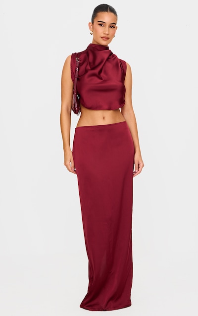 Burgundy Satin Maxi Mid Rise Skirt