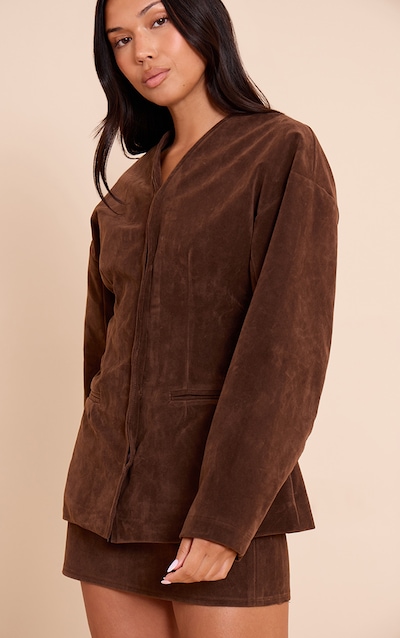 Dark Brown Suede Collarless Cocoon Sleeve Blazer