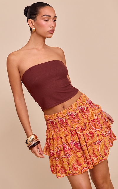 Orange Printed Chiffon Tierred Mini Skirt