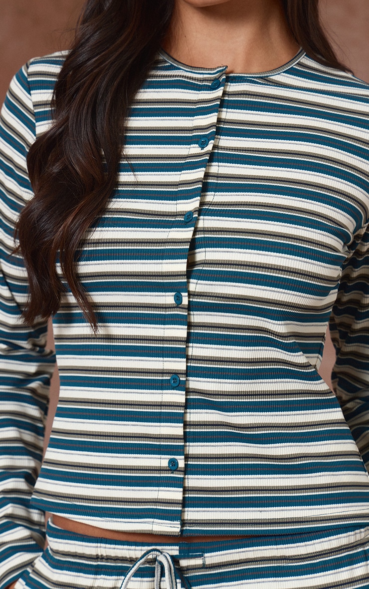 Green Stripe Soft Rib Fitted Button Up Top image 4