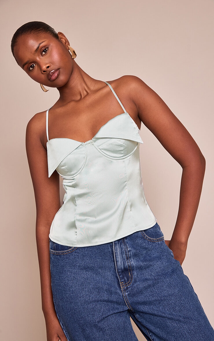 Blue Satin Fold Over Detail Strappy Long Top image 1