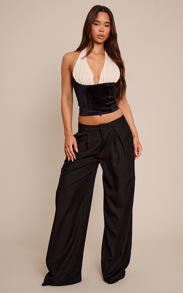 Black Velvet Contrast Chiffon Bust Detail Top