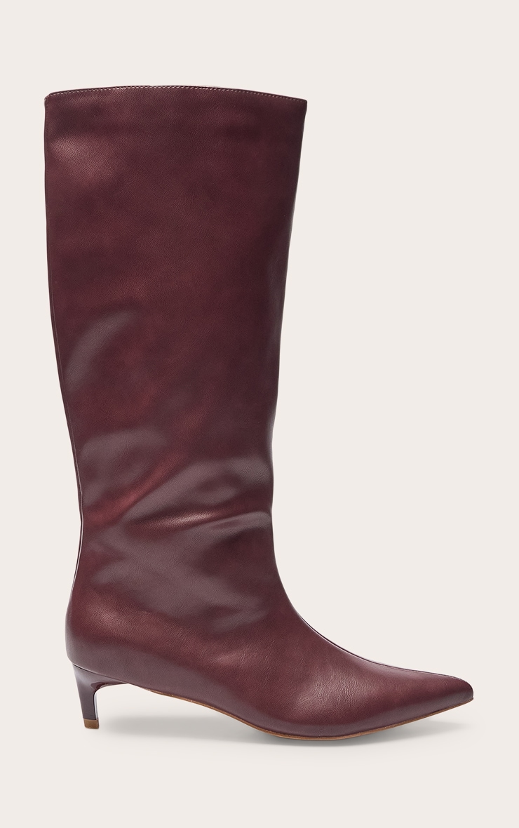 Plum PU Point Toe Low Stiletto Knee High Heeled Boots image 2