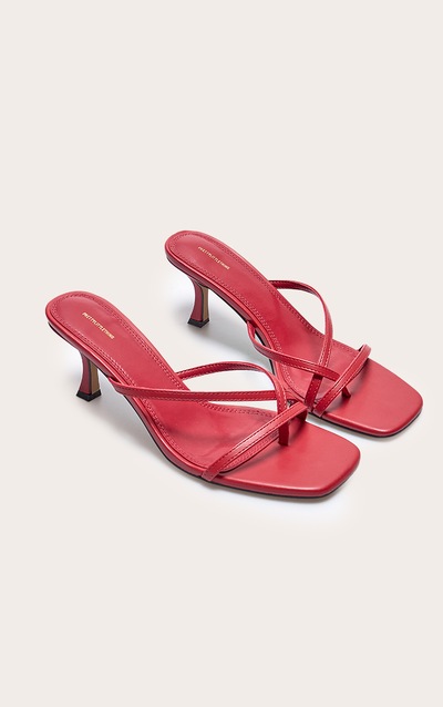 Red Pu Square Toe Strappy Toe Thong Mid Stiletto Heeled Mules