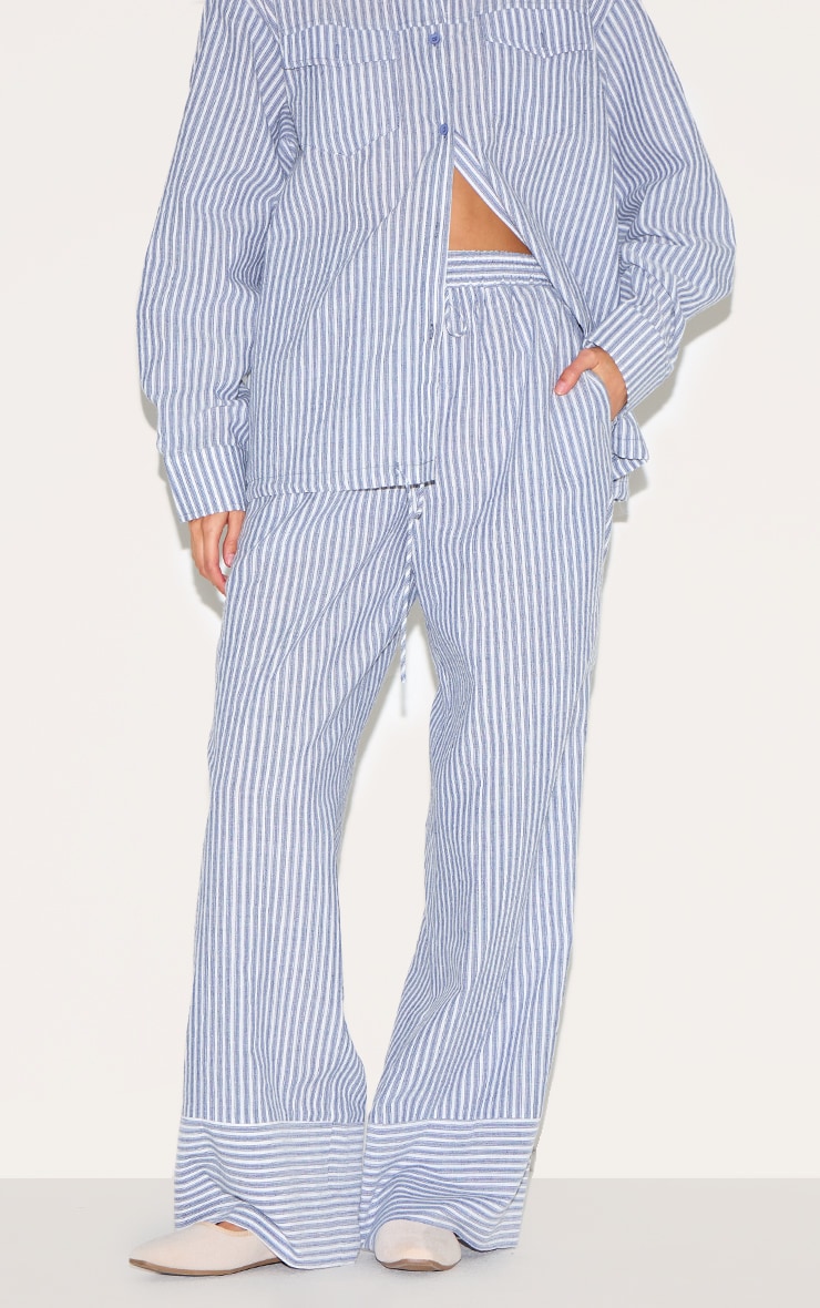 Blue Striped Linen Drawstring Wide Leg Pants image 2
