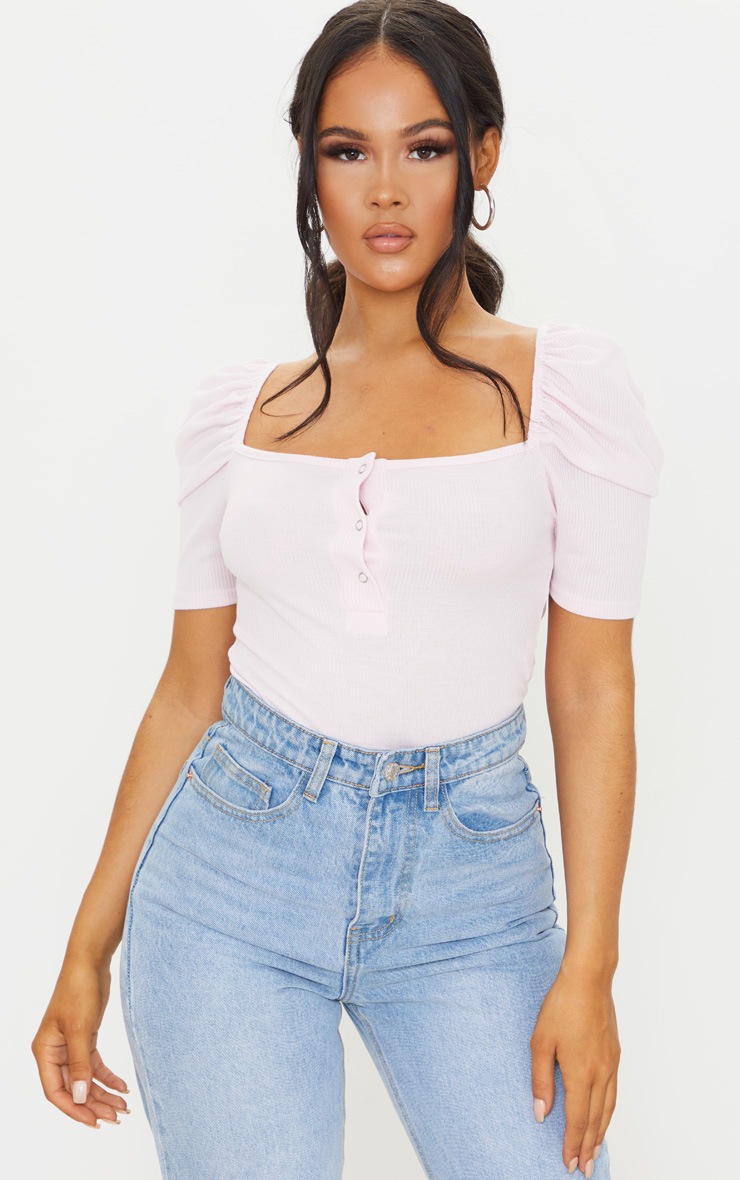 Baby Pink Rib Puff Short Sleeve Bodysuit