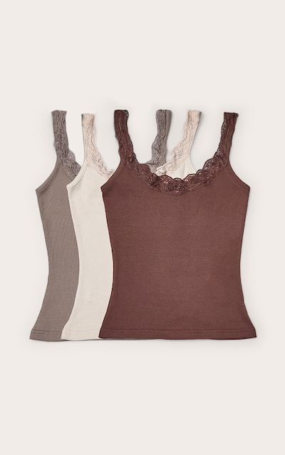 Chocolate Multi Pack of 3 Ribbed Lace Trim PJ Vests