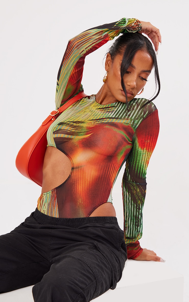 Red Abstract Print Mesh Cut Out Bodysuit