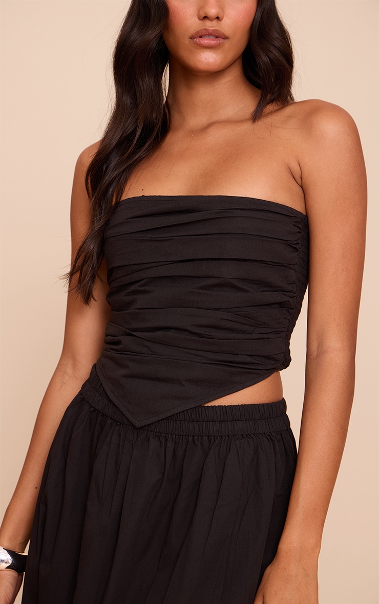 Black Cotton Poplin Ruched Front Bandeau Top image 4