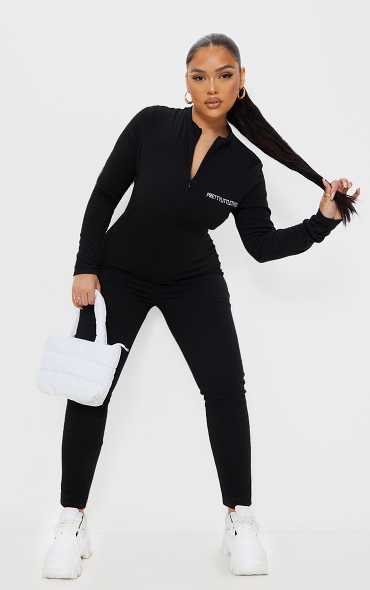PRETTYLITTLETHING PRETTYLITTETHING Plus Black Embroidered Zip Front Catsuit image 1