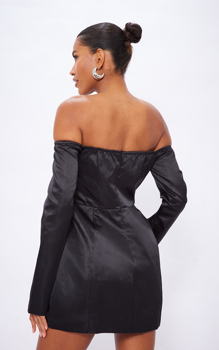 Black Satin Corset Bardot Bodycon Dress image 2