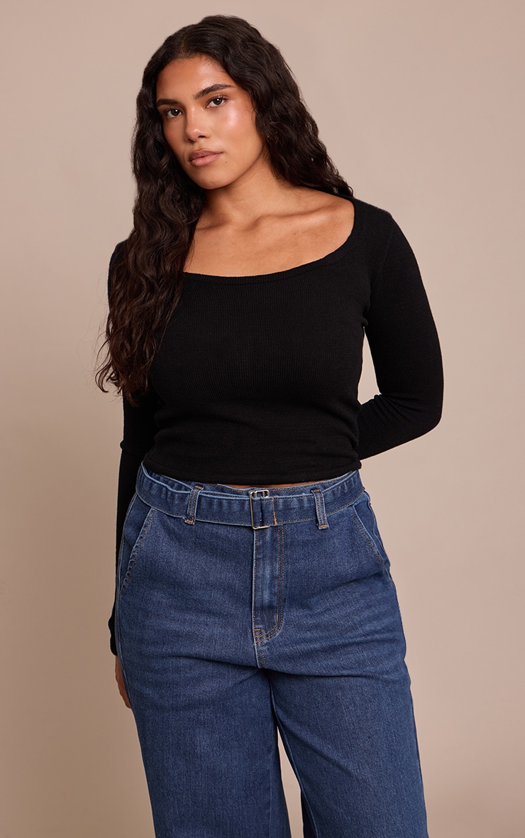 Shape Black Knit Scoop Neck Long Sleeve Top image 4