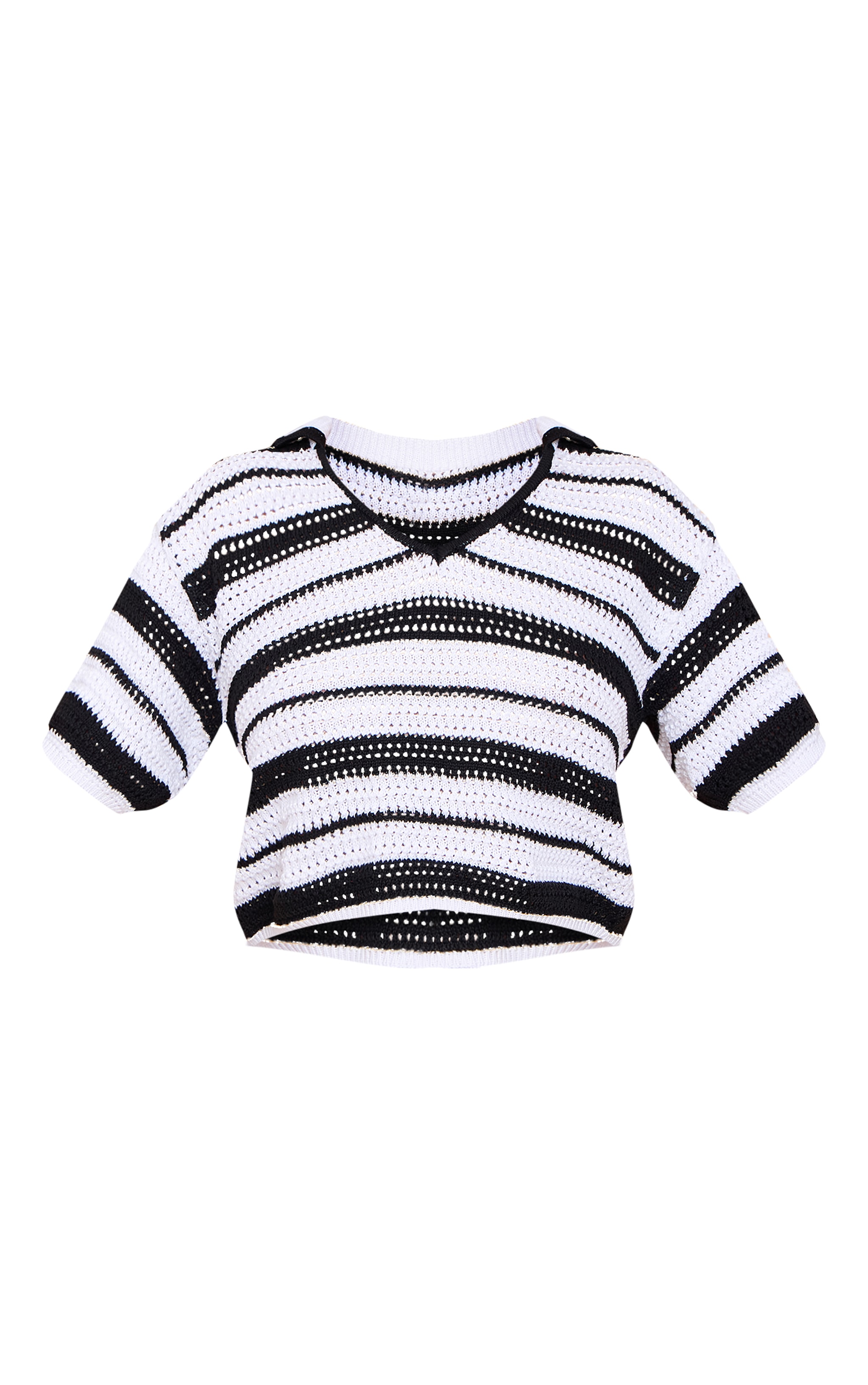 Monochrome Crochet Stripe Knit Polo Top image 5