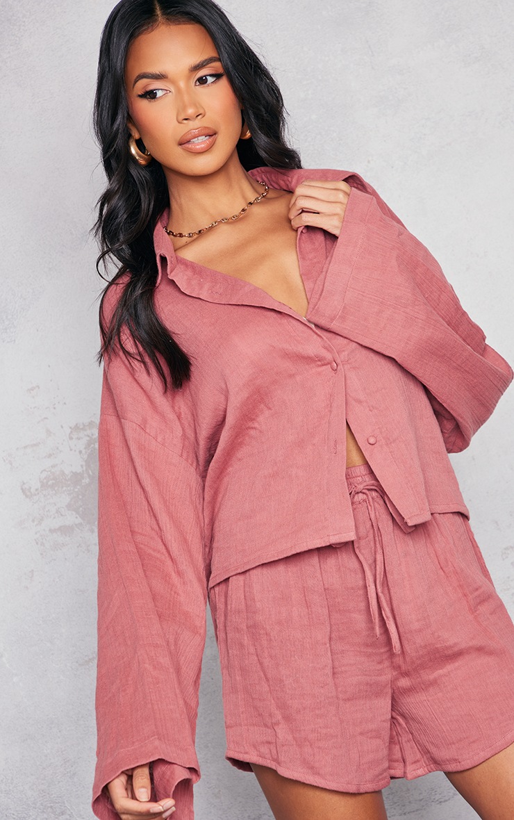 Rose Linen Look Oversized Button Up Shirt PrettyLittleThing CA
