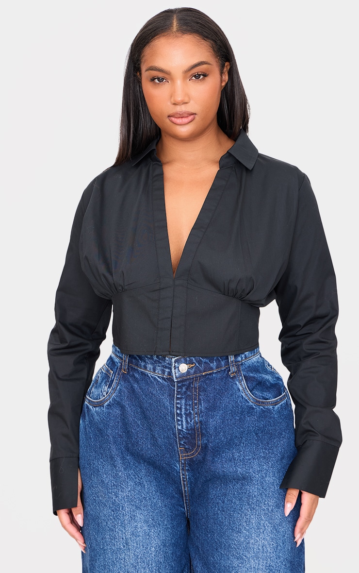 Plus Black Cropped Corset Detail Fitted Shirt image 3