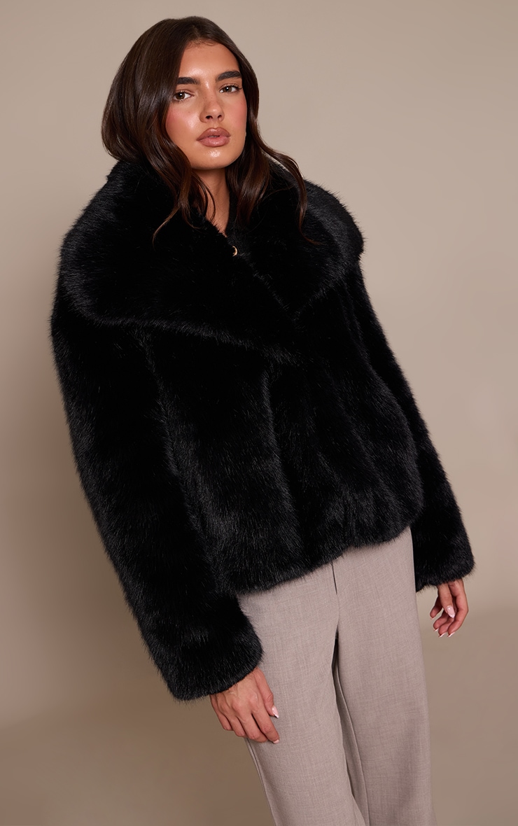 Black Faux Fur Short Shawl Collar Coat image 1