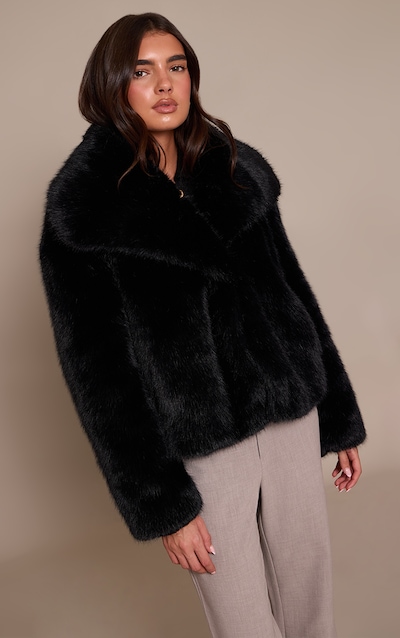 Black Faux Fur Short Shawl Collar Coat