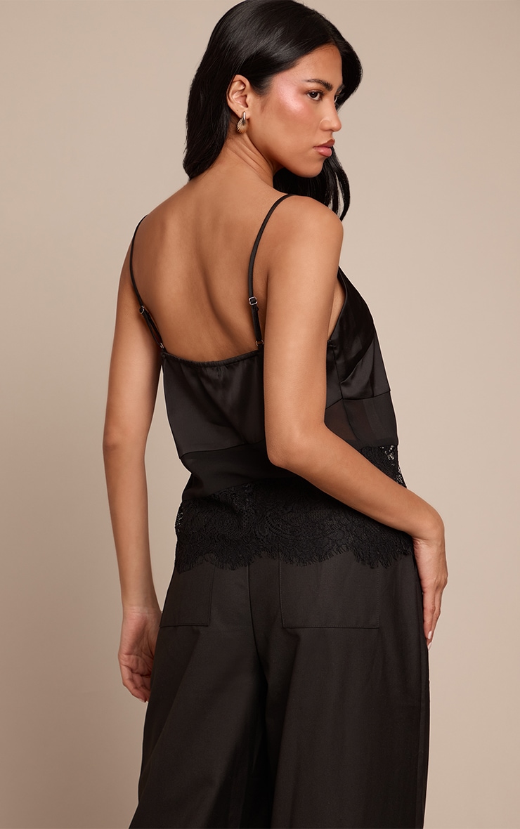 Black Panelled Asymmetric Satin Lace Cami  image 2