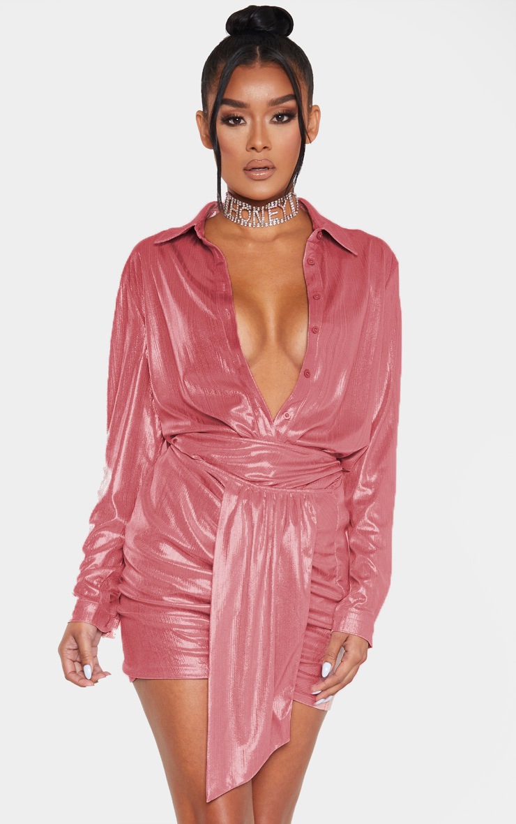 Pink Metallic Ruched Mini Skirt