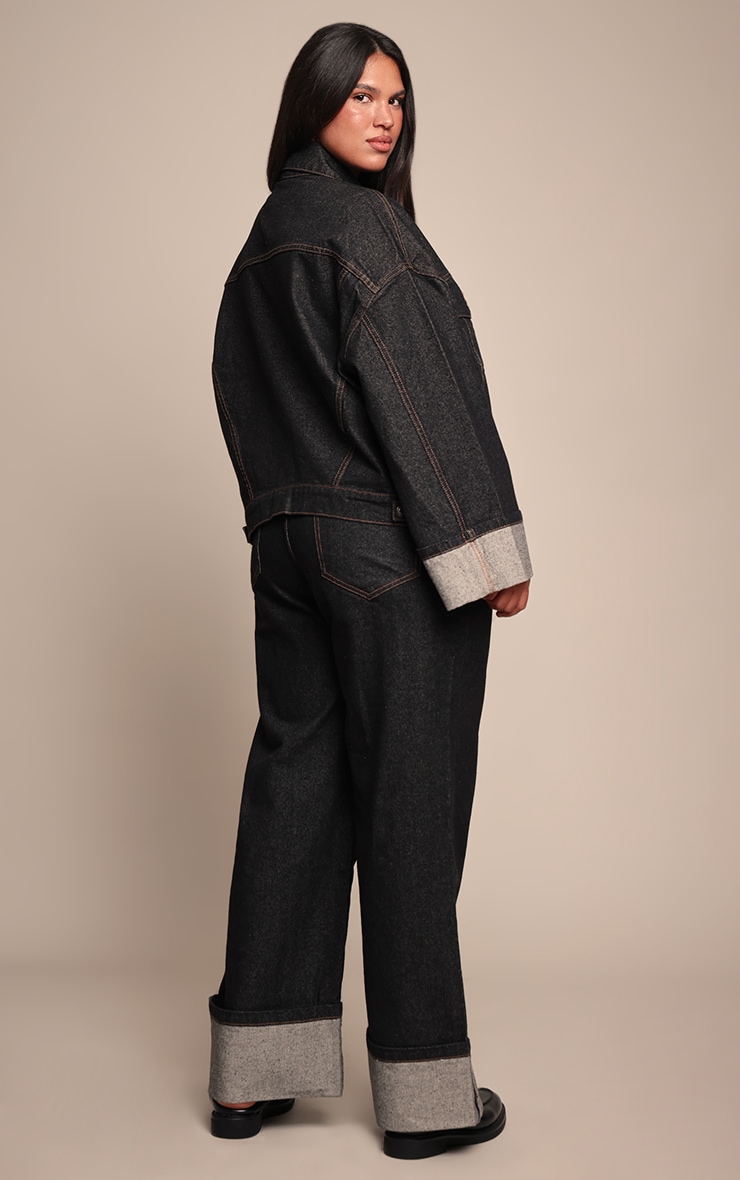 Plus Raw Indigo Contrast Stitch Turn Up Hem Wide Leg Jeans image 3