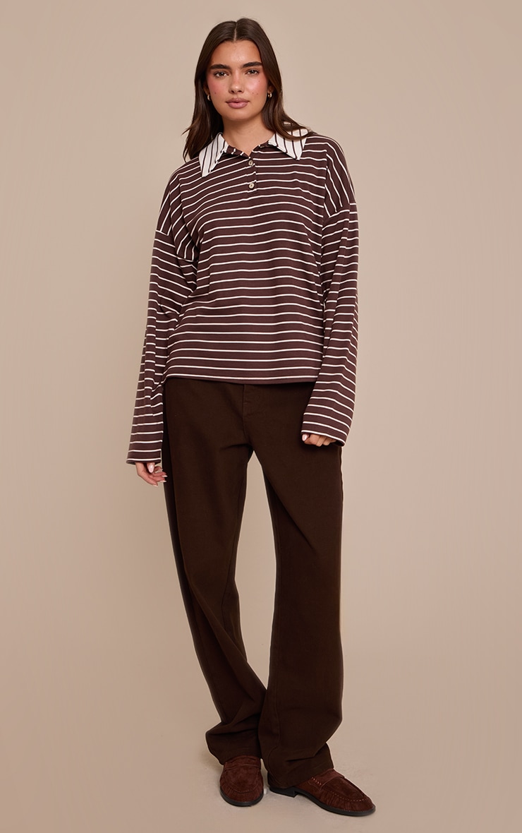 Chocolate Striped Collared Rugby Style Oversized Long Sleeve Top image 3