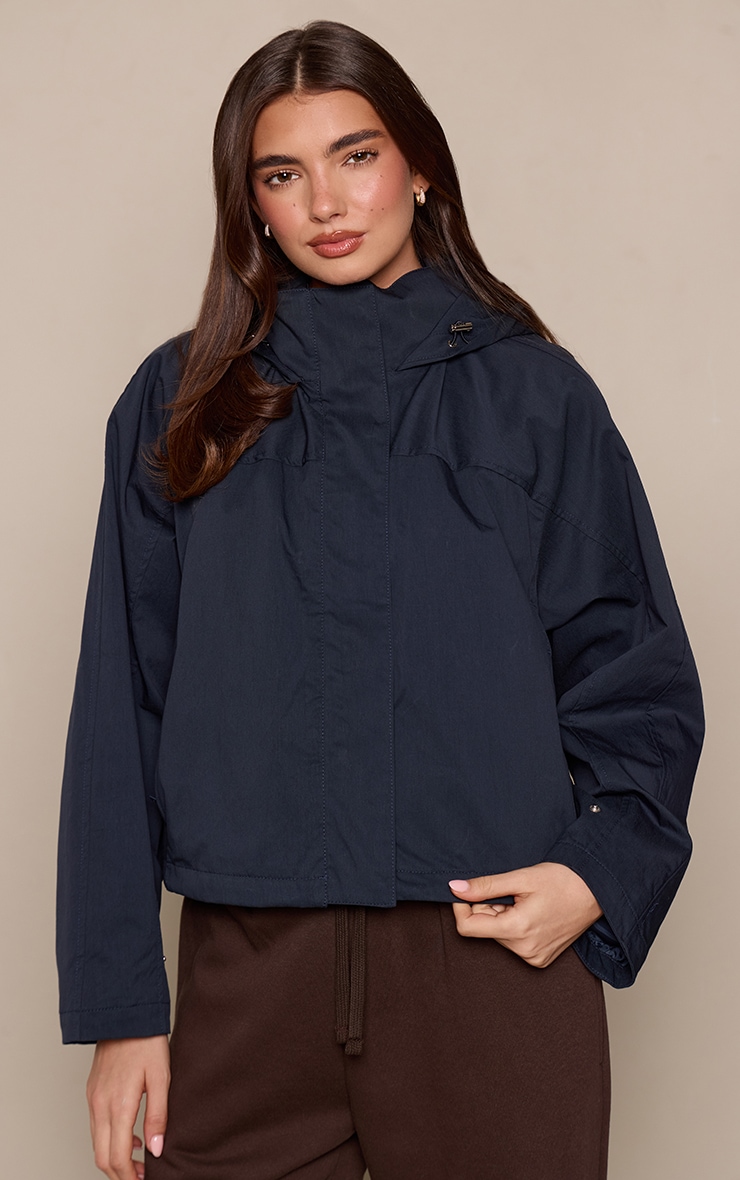 Navy Funnel Neck Ruched Windbreaker image 1