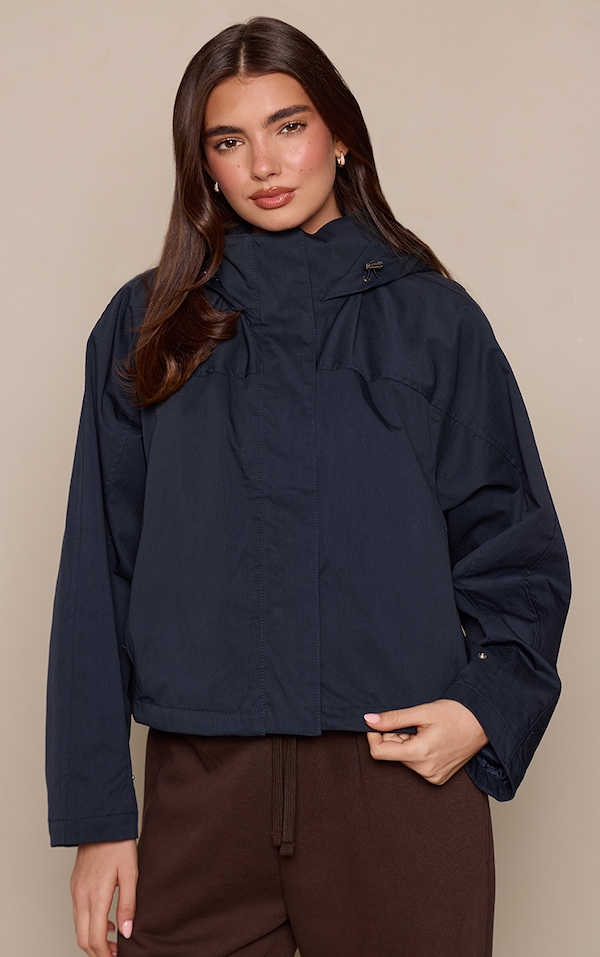 Navy Funnel Neck Ruched Windbreaker