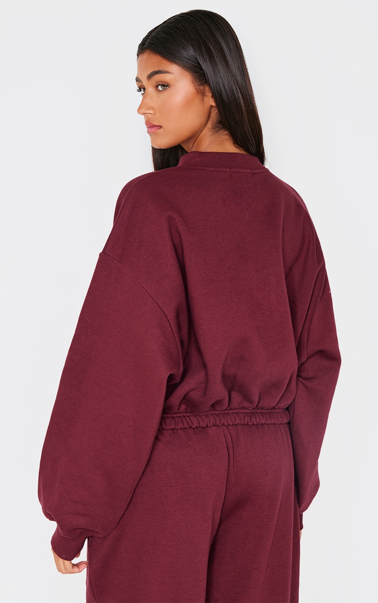 Burgundy Drawcord Waist Cropped Zip Up Sweatshirt image 2