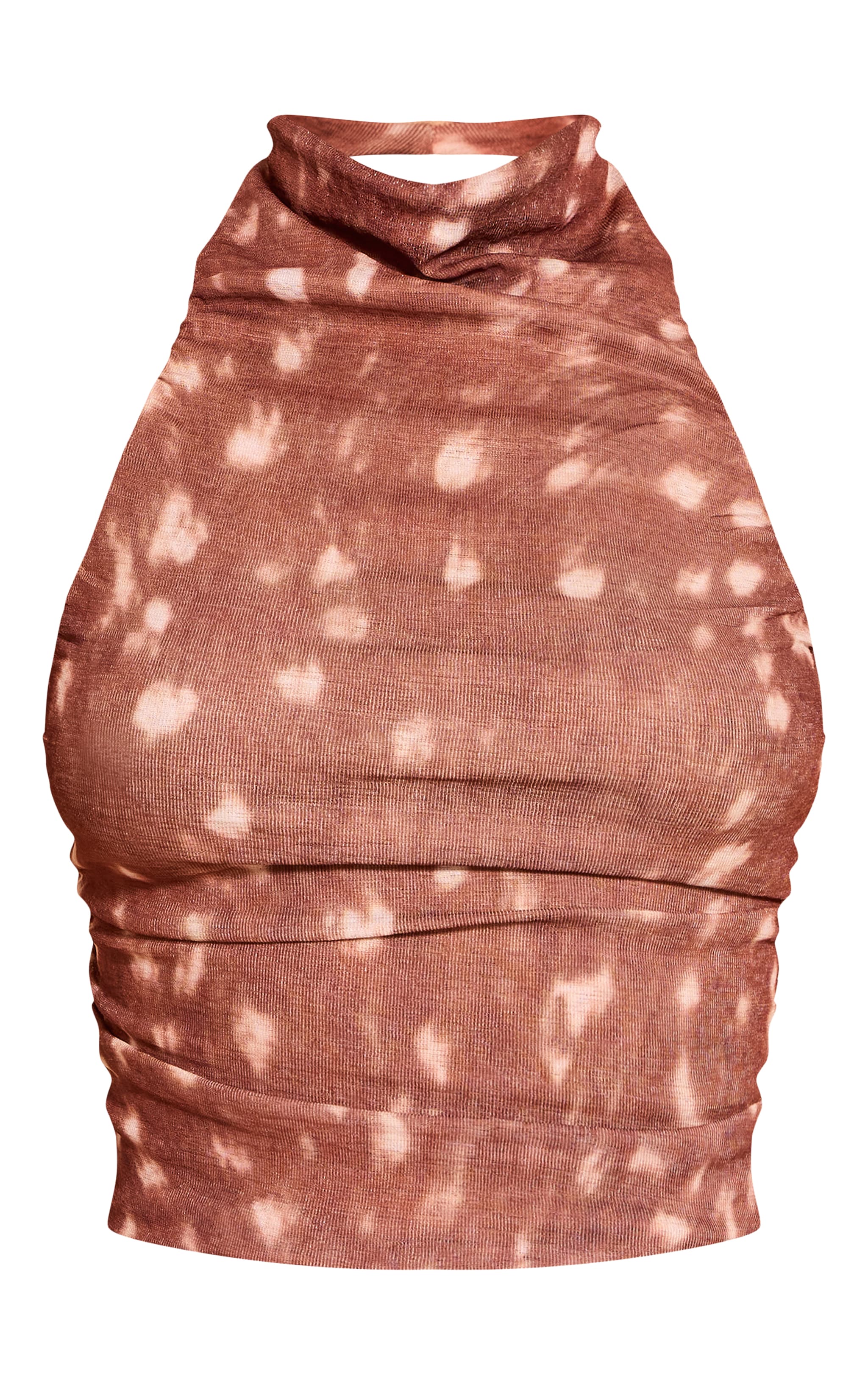 Tan Abstract Print Onion Skin Ruched Halter Crop Top image 5