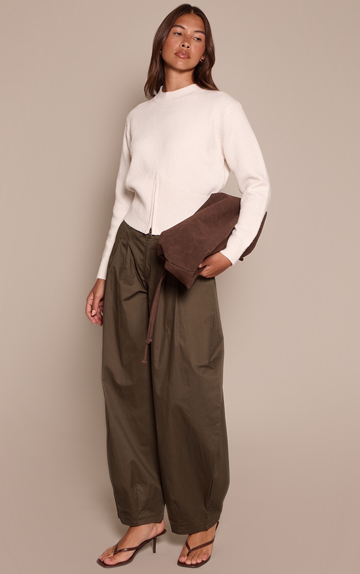 Cream Cinched Waist Zip Hem Knitted Sweater  image 3