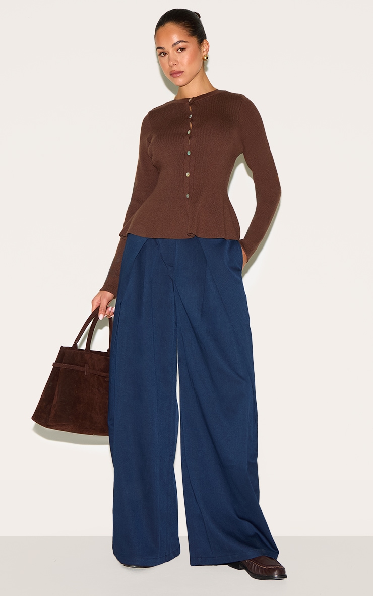 Navy Woven Pleat Detail Wide Leg Tailored Pants image 2
