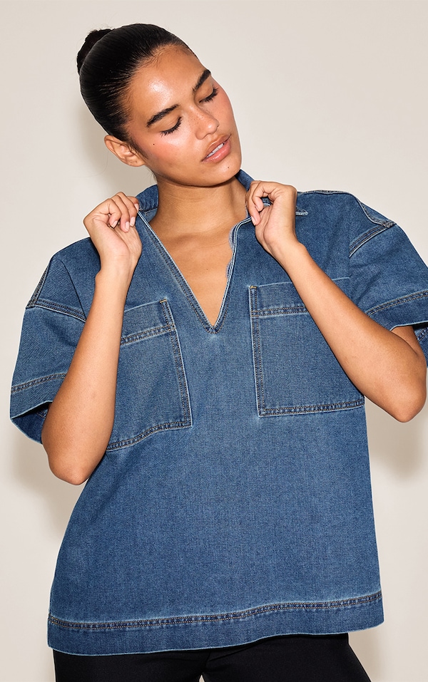 Dark Blue Boxy Pocket Detail Short Sleeve Denim Rugby Shirt