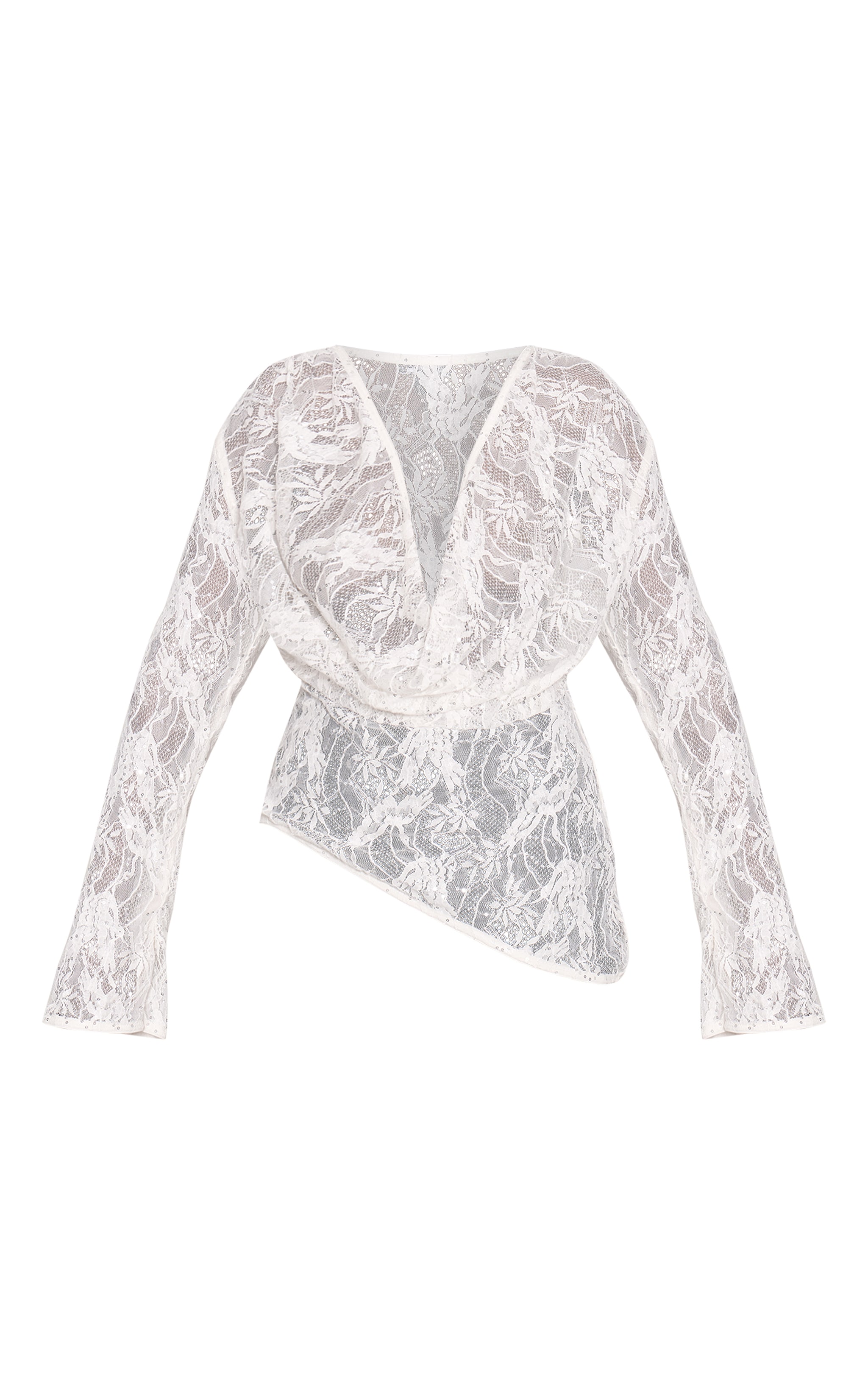 Cream Sequin Lace Cowl Front Top image 5