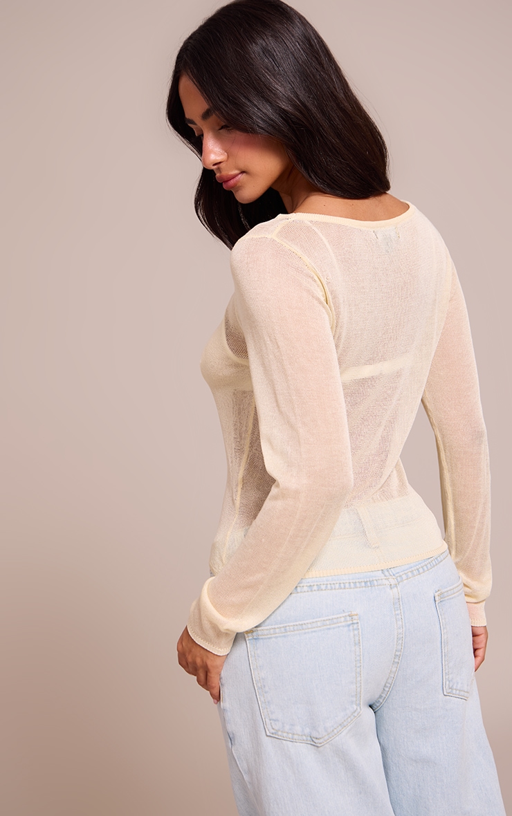 Top Petite Crème en maille tricot transparente à manches longues image 2
