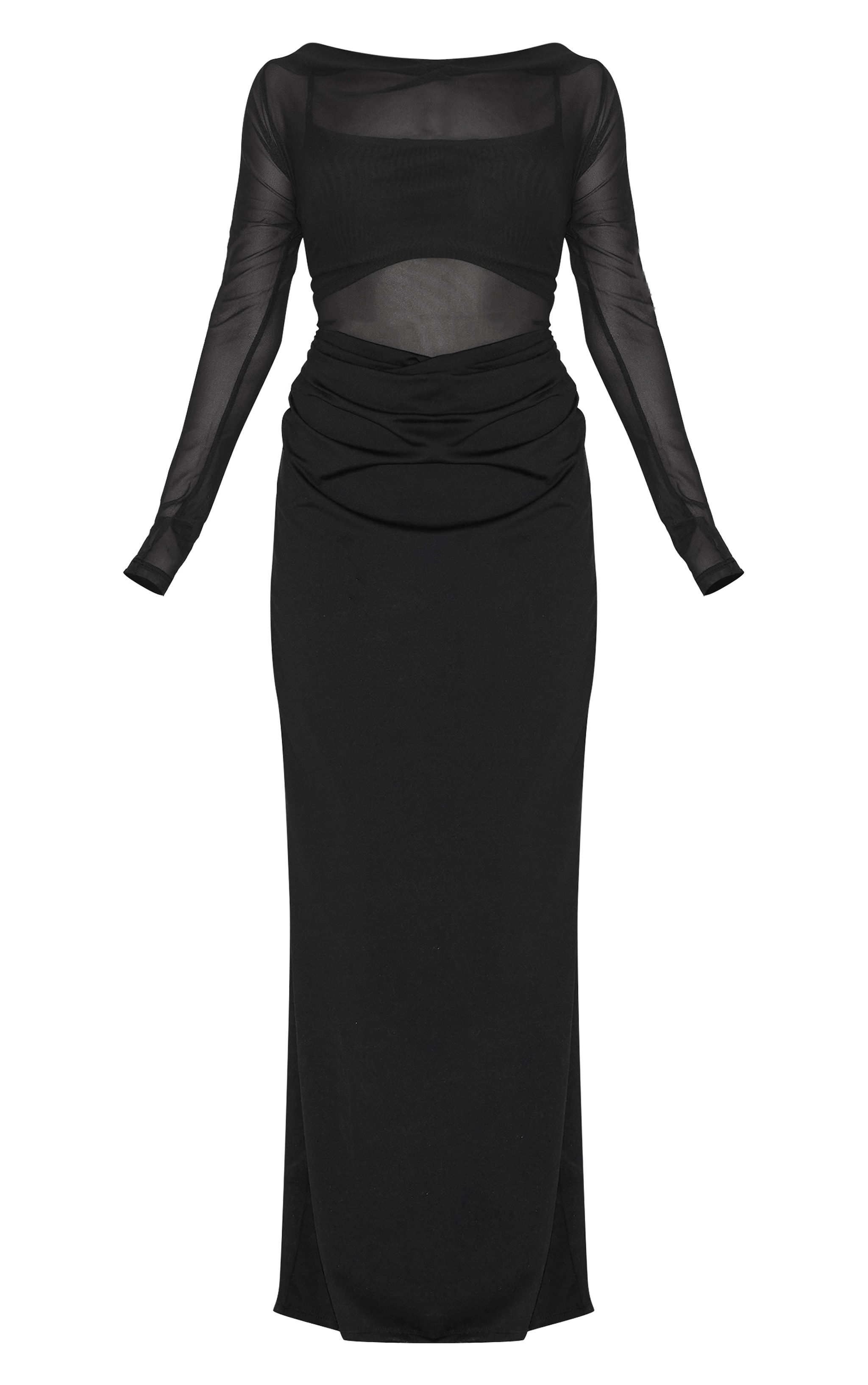 Petite Robe Longue Noire Fluide à Manches Longues et Détails Mesh image 5