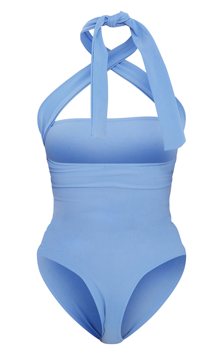 Bright Blue Textured Rib Halterneck Bodysuit image 6