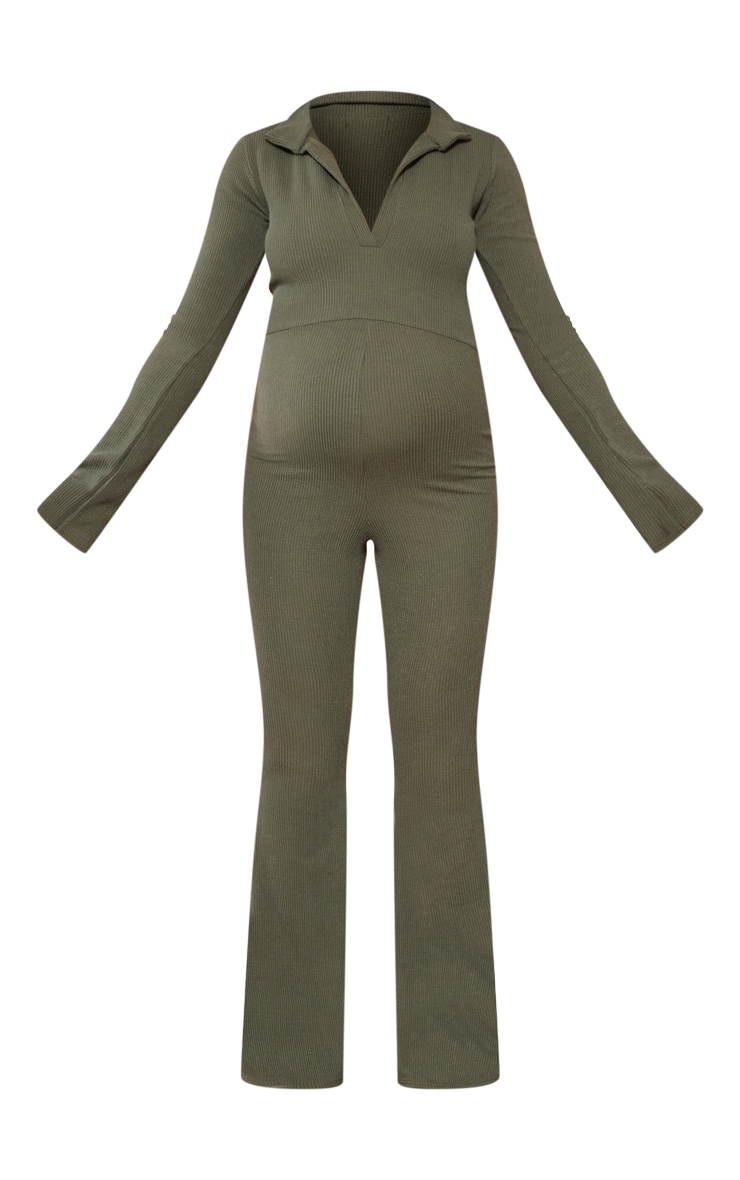 Maternity Khaki Rib Collar Flare Leg Jumpsuit PrettyLittleThing