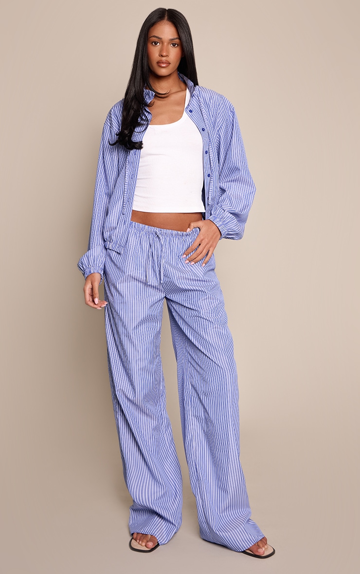 Tall Blue Striped Print Drawstring Wide Leg Trousers