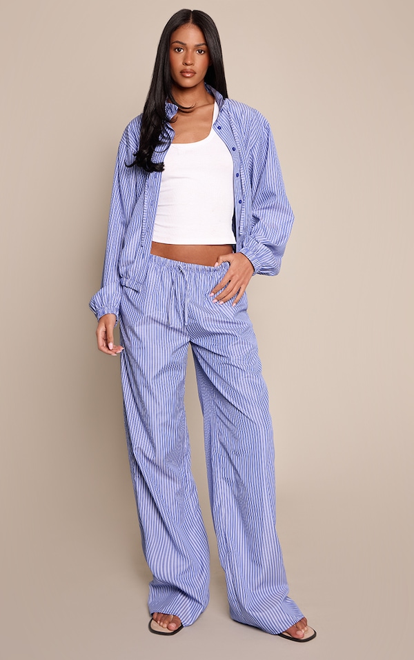 Tall Blue Striped Print Drawstring Wide Leg Pants