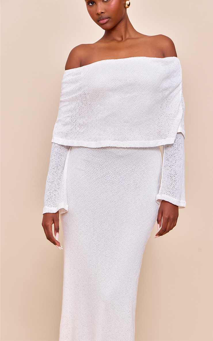 Cream Textured Bardot Foldover Maxi Dress image 4