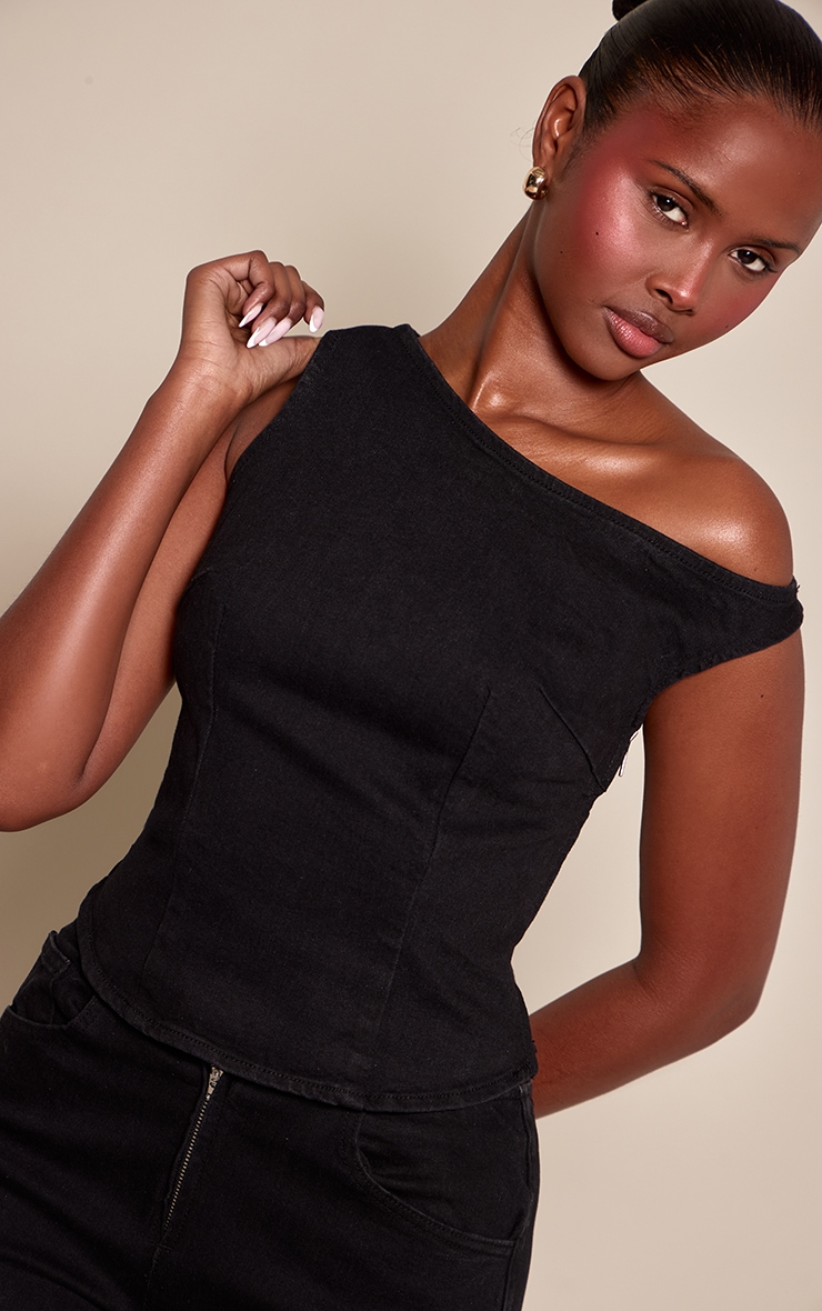 Black Denim Asymmetric Sleeveless Top image 4