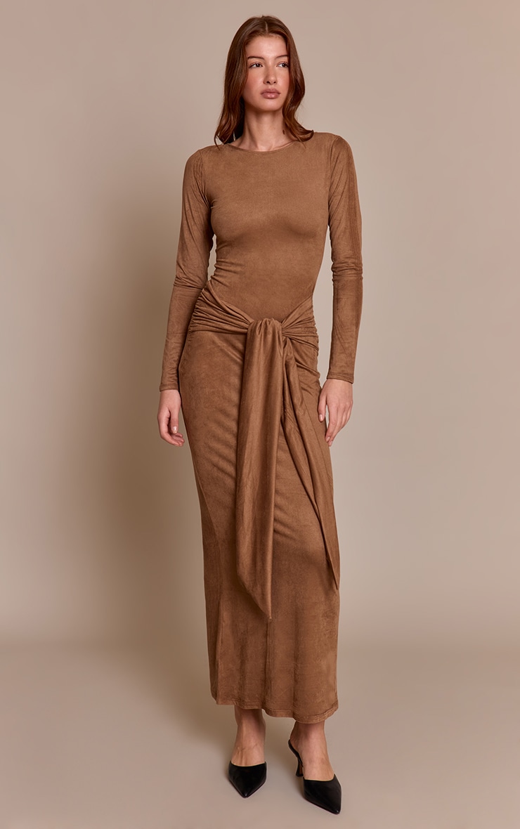 Tan Faux Suede Knot Detail Long Sleeve Maxi Dress image 1